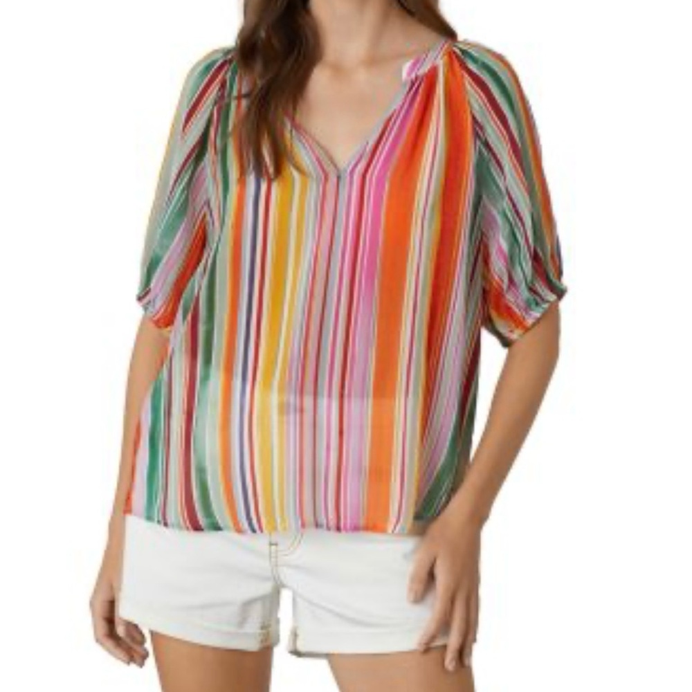 Velvet by Graham & Spencer Multicolor Striped V-Neck Preppy Summer Blouse size S